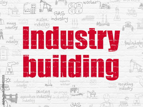 Industry concept  Painted red text Industry Building on White Brick wall background with  Hand Drawn Industry Icons