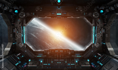 Fototapeta Naklejka Na Ścianę i Meble -  Spaceship grunge interior with view on planet Earth