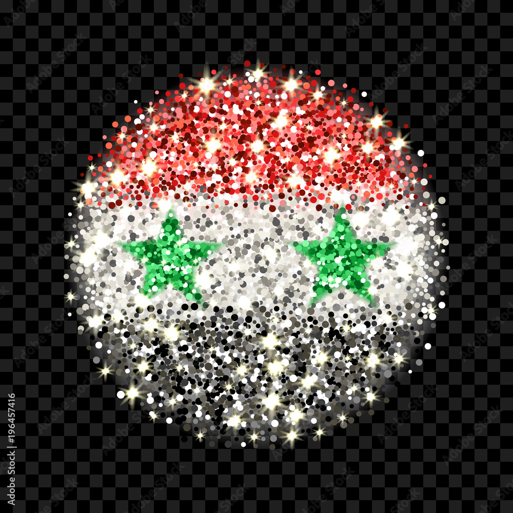 Syrian Arab Republic flag sparkling badge. Round icon with Syria national colors with glitter effect. Button design. Vector illustration. One of a series of signs