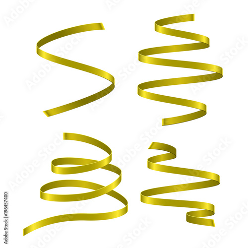 Set of yellow curling streamers on white background