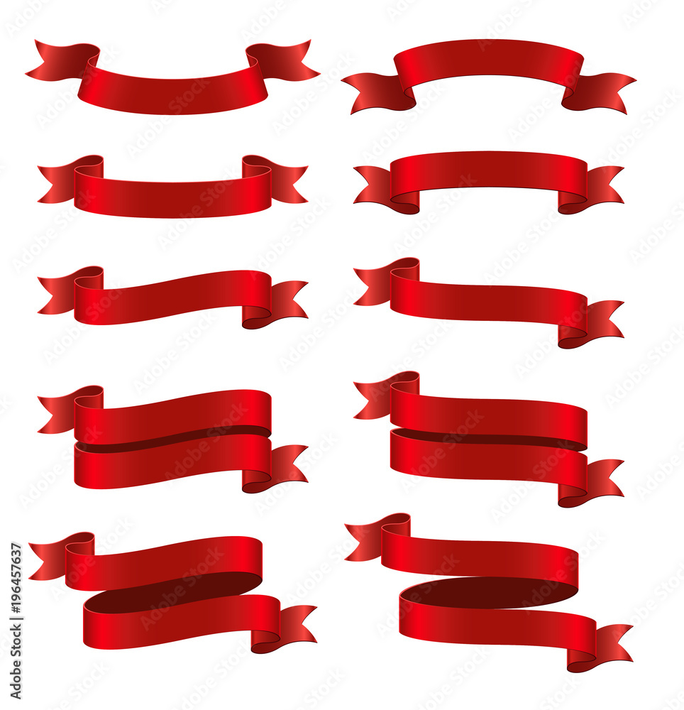 Set of red ribbon banners on white background