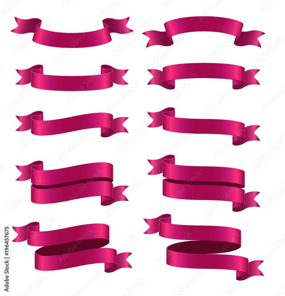 Set of pink ribbon banners on white background