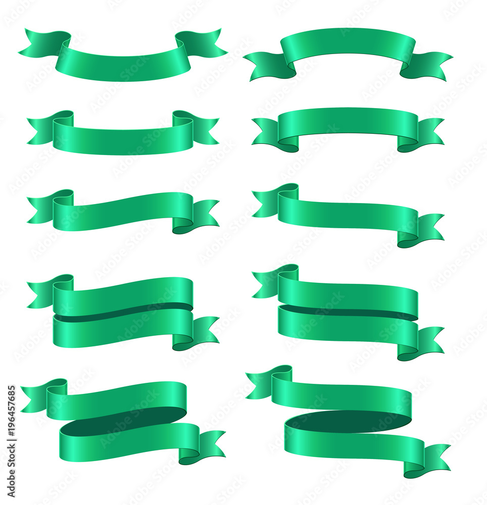 Set of green ribbon banners on white background