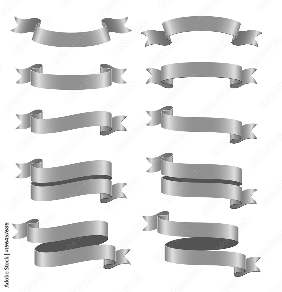 Set of silver ribbon banners on white background
