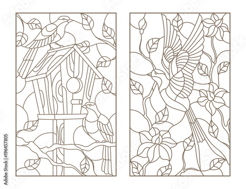 Set of contour illustrations stained glass Windows with birds, swallow on flowers background and a pair of birds at birdhouse, dark contours on white background