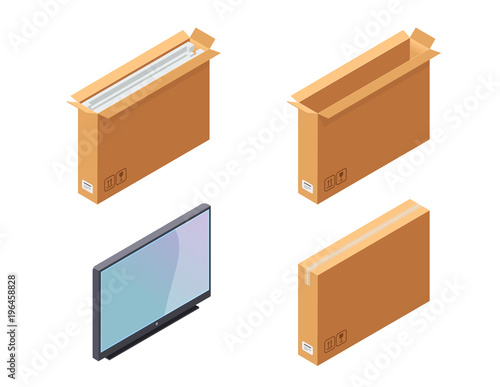 Wide carton box. Plasma tv and package. Isometric view. Vector icons set isolated on white background.