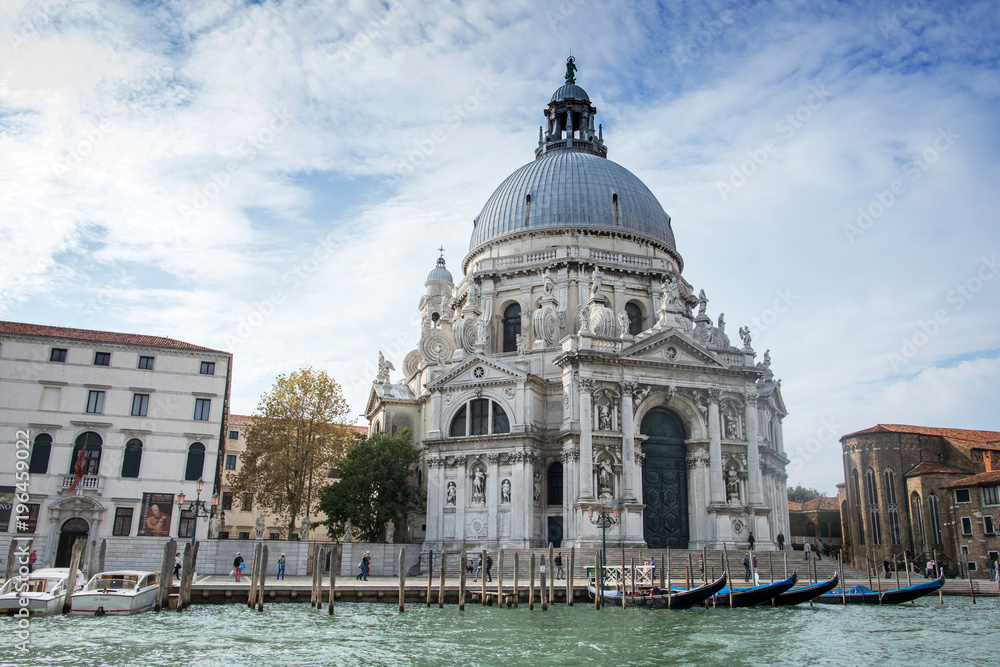 Grand Canal and Basilica Santa Maria della Salute in Venice on a bright day