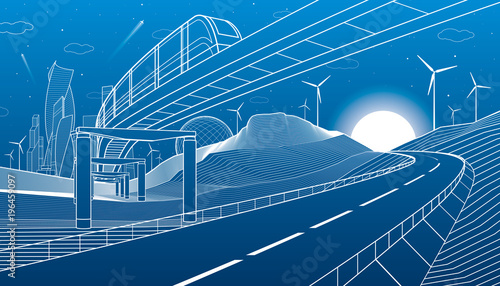 Monorail in mountains. City highway. Transportation illustration. Tower and skyscrapers, modern town, business buildings. Night scene. White lines on blue background. Vector design art