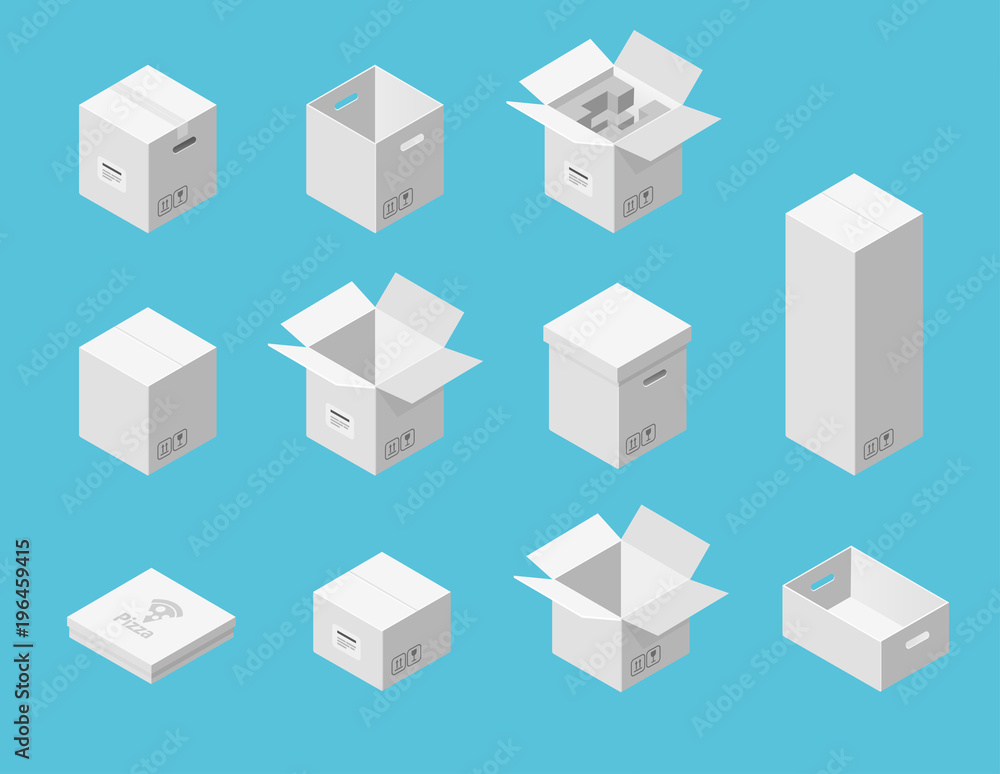 White carton packaging boxes set. Isometric view. Different size and format. Closed and open packages on blue background. White carton packaging boxes set. Isometric view. Different size and format. Closed and open packages on blue background.