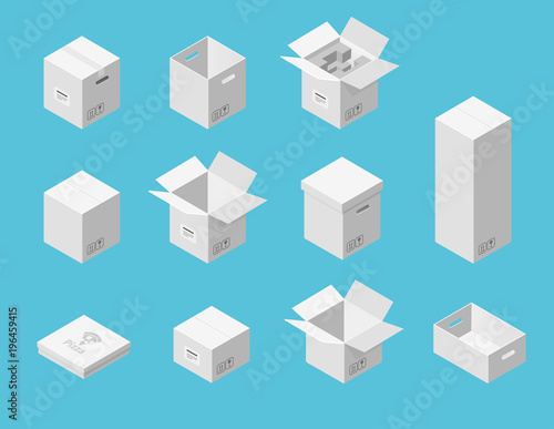 White carton packaging boxes set. Isometric view. Different size and format. Closed and open packages on blue background.