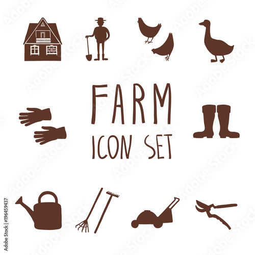 Set of cartoon silhouette farming and garden icons