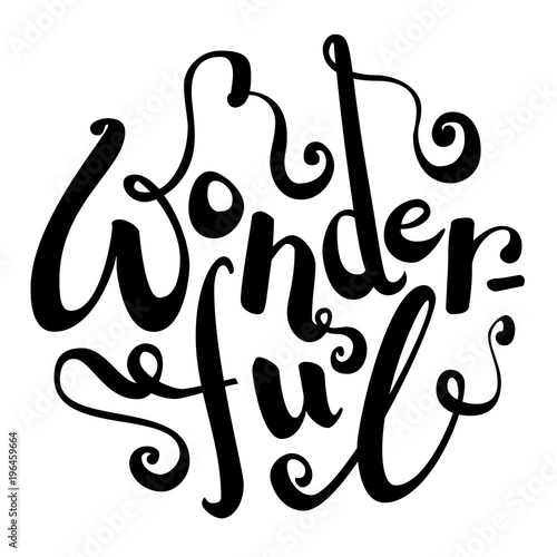 Brush lettering of word Wonderful in round shape, black isolated on white
