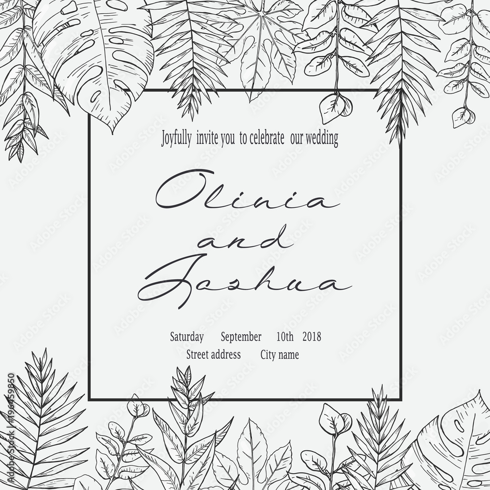 Obraz premium Banner with herbs, leaves and ferns. Frame with a leafy bouquet. Floral design elements.