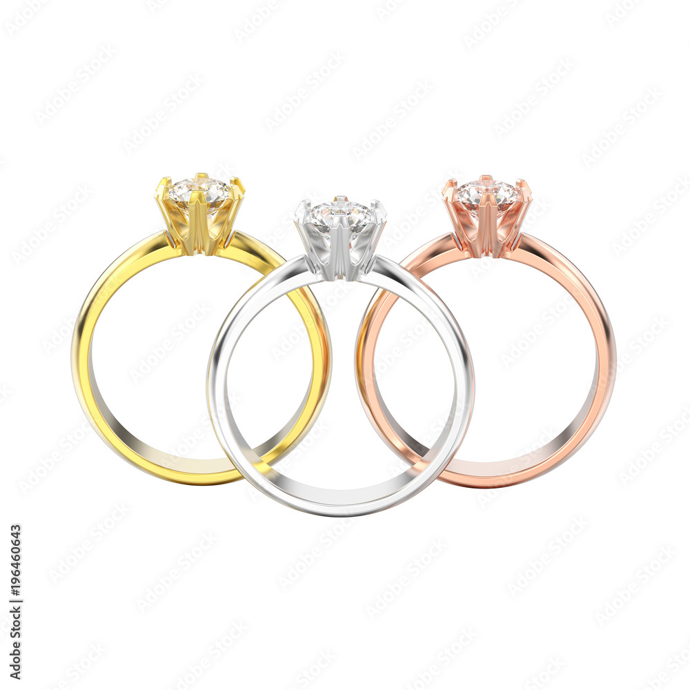 3D illustration isolated three yellow, rose and white gold or silver traditional solitaire engagement diamond rings 3D illustration isolated three yellow, rose and white gold or silver traditional solitaire engagement diamond rings