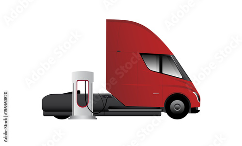 Modern electric truck charging at the supercharging station. Vector illustration EPS 10