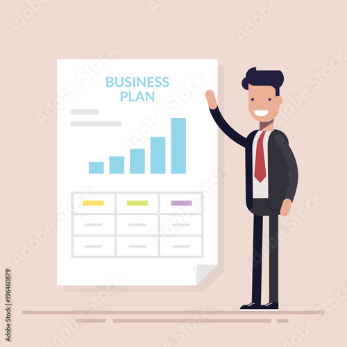 Businessman or manager making presentation of business plan. working document. Flat vector illustration isolated.