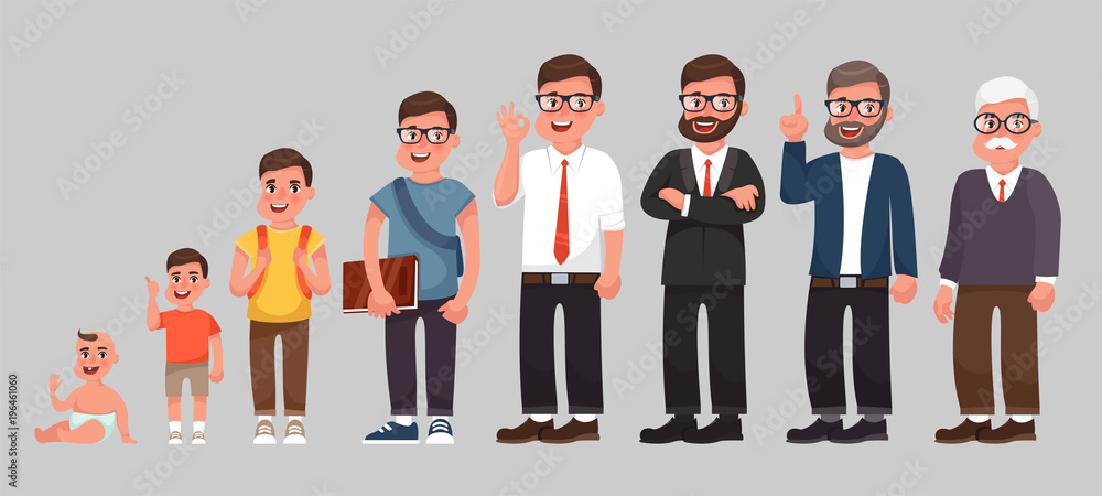 Complete life cycle of person's life. A baby, a child, a teenager, an  adult, an elderly person. Generation of people and stages of growing up.  Vector illustration in cartoon style Stock Vector |