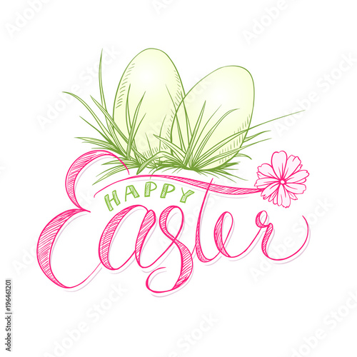 Easter eggs with grass and camomile flower.Happy paschal or resurrection Sunday holiday greeting card or banner.Jesus Christ resurrection celebration and tradition, religion and christian church theme