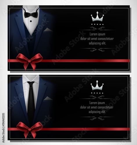 Set of blue tuxedo business card templates with men's suits and place for text