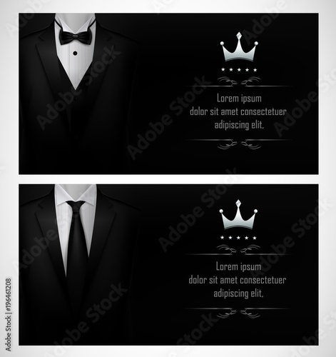 Set of Black tuxedo business card templates with men's suits and place for text