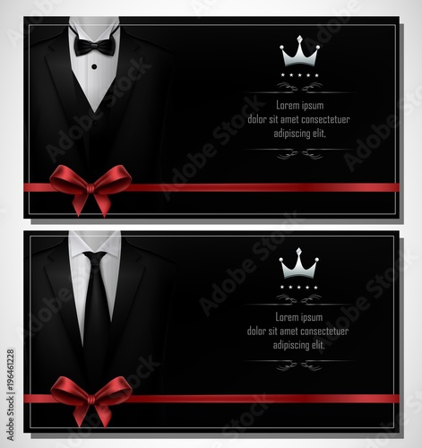 Set of Black tuxedo business card templates with men's suits and place for text