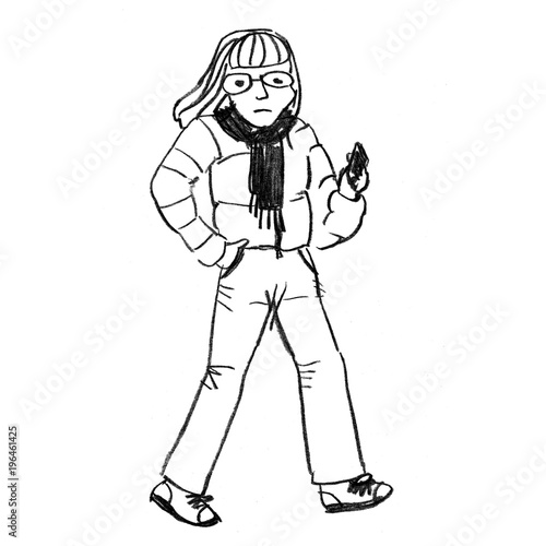 young long-haired person wearing glasses and down jacket, walking, texting with smartphone, black and white sketch