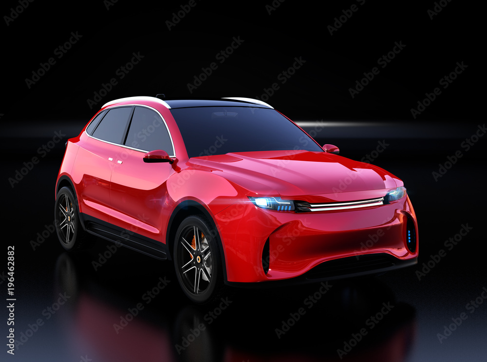 Metallic red Electric SUV concept car isolated on black background. 3D rendering image. 