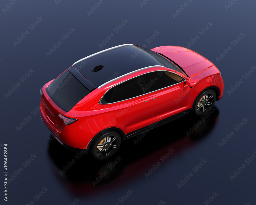 Metallic red Electric SUV concept car parking on reflective ground. 3D rendering image. 