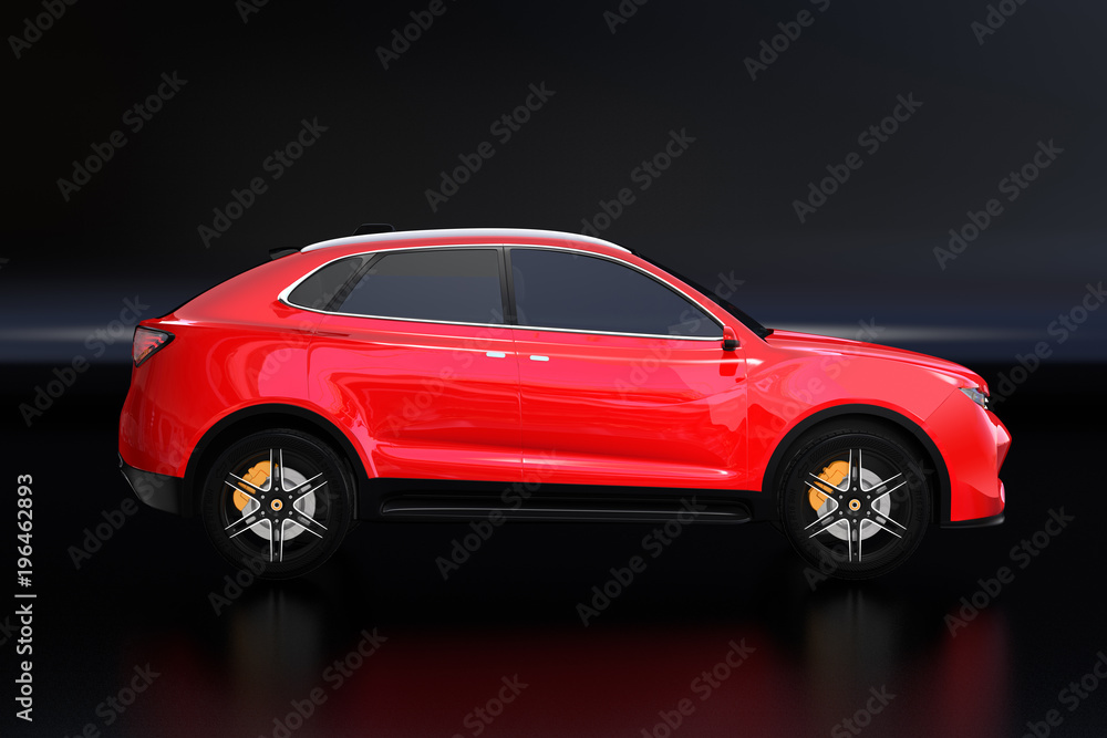 Side view of metallic red Electric SUV concept car isolated on black background. 3D rendering image. 