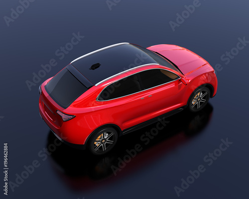 Metallic red Electric SUV concept car parking on reflective ground. 3D rendering image. 