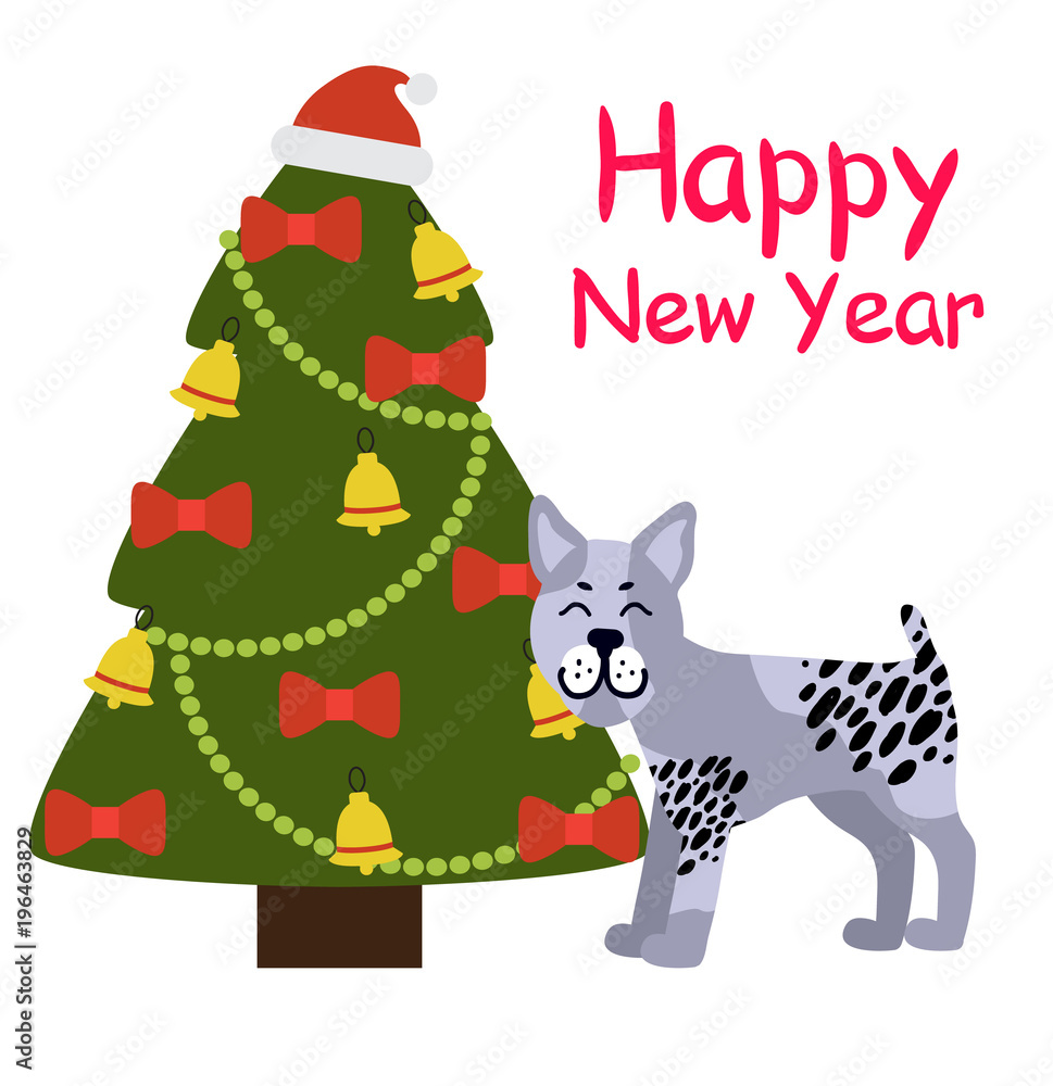 Happy New Year Banner with Grey Dog near Xmas Tree Happy New Year Banner with Grey Dog near Xmas Tree