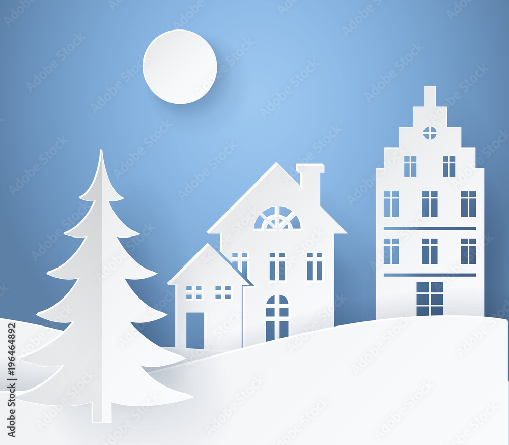 Winter Landscape Paper Card Vector Illustration
