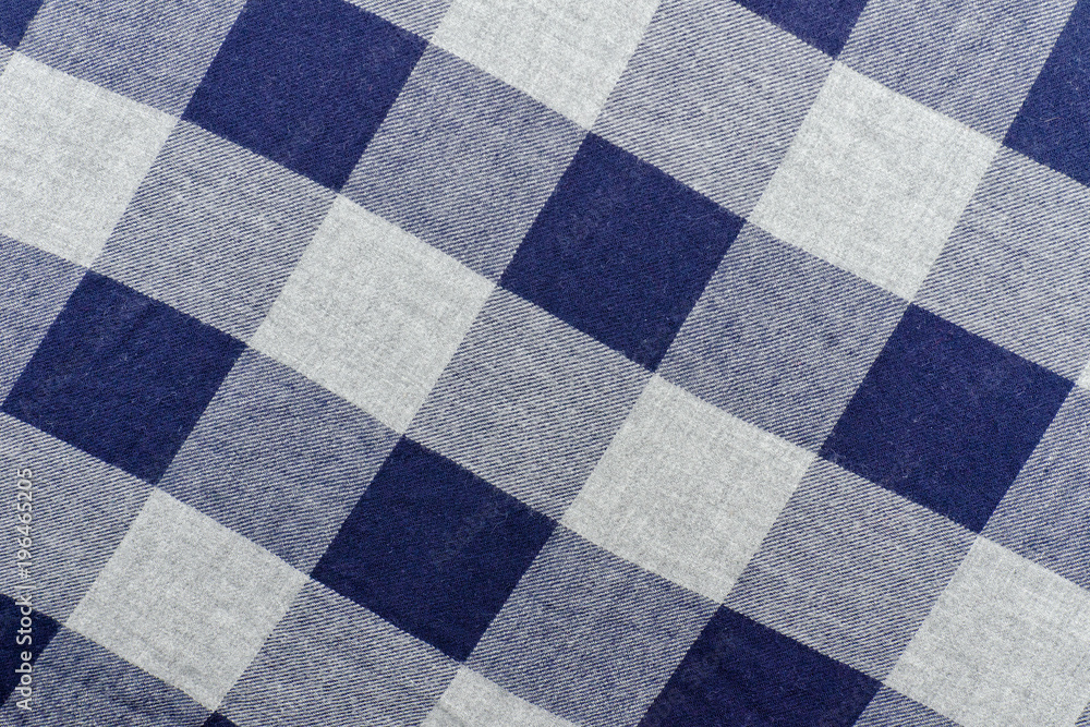Checkered fabric. Gray and blue color. Close up Checkered fabric. Gray and blue color. Close up