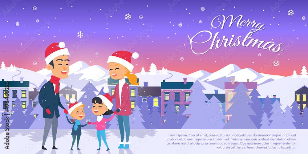 Naklejka premium Postcard with Merry Christmas on City Background
