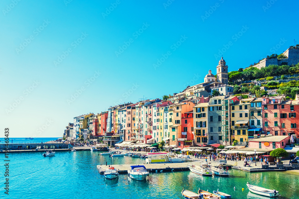Panorama of colorful picturesque harbour of Porto Venere, Italian Riviera, Liguria, Italy