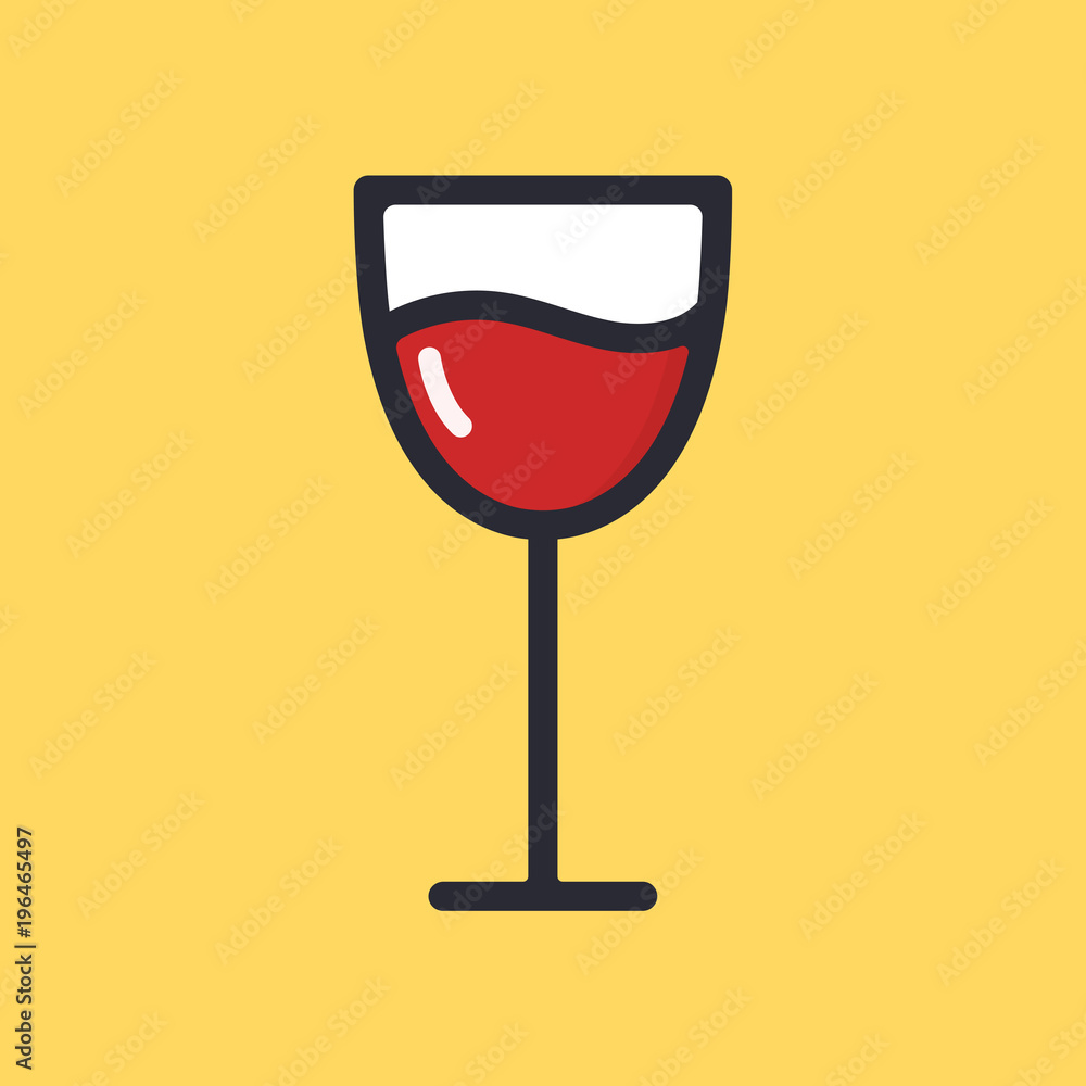 Fototapeta premium Wineglass with red wine. Cartoon alcohol icon. Vector flat glass