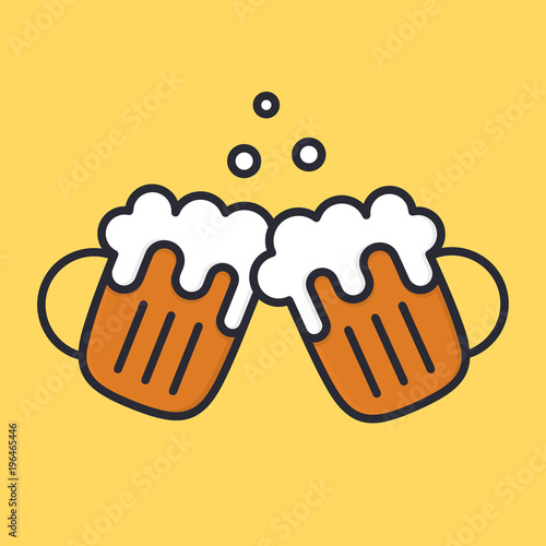 Cheers beer mugs with froth and bubbles. Cartoon alcohol icon. Vector flat illustration.