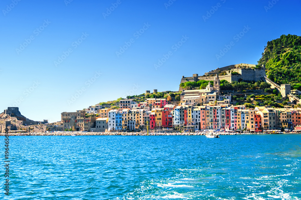 View of town Portovenere from sea, Italy