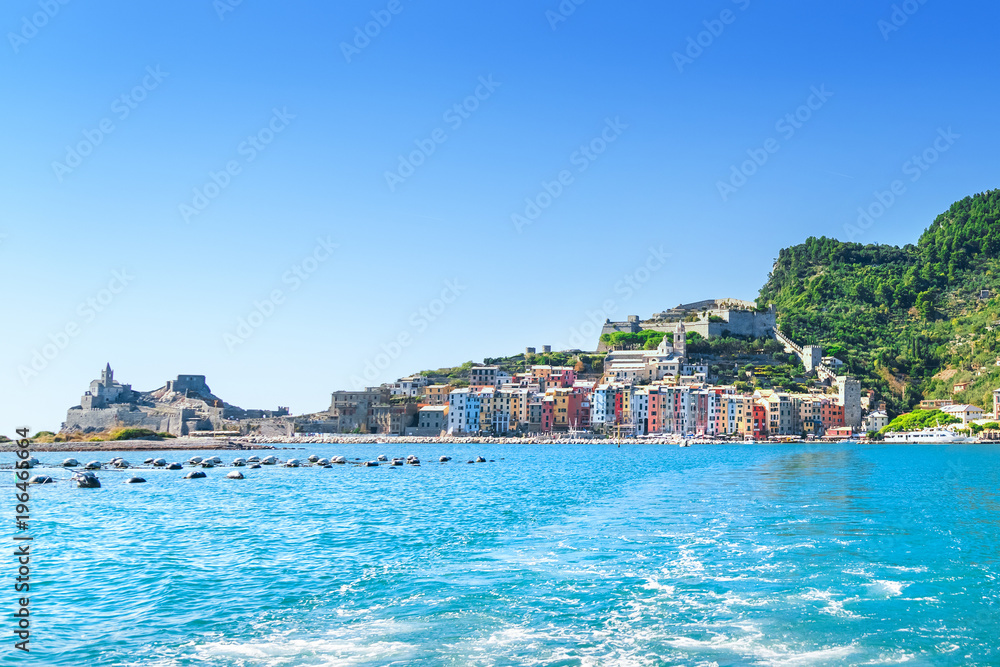 Picturesque views of town Portovenere from sea, Italy - obrazy, fototapety, plakaty 