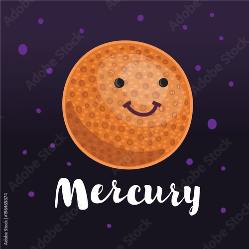 Vector illustration planet Mercury in retro flat cartoon style. Poster for children room, education.
