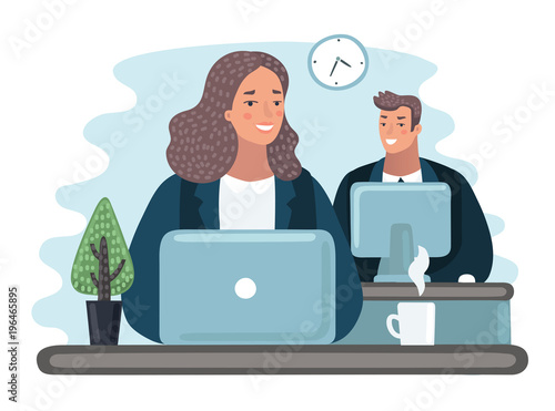 Cool vector flat character design on business woman working in office behind her desk with desktop computer and coffee in paper cup 