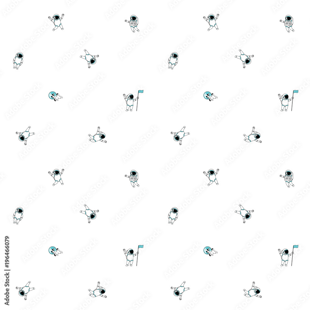 Cute funny cosmonaut astronaut spaceman characters exploring outer space with dog seamless abstract background cartoon pattern for wallpaper, textile, prints. Flat line design. Vector illustration.