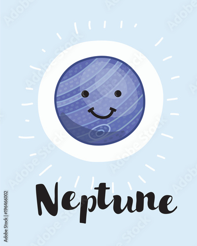Cute cartoon Neptune with trident, planet, god of Greek mythology, vector character, Solar system.