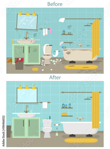Cartoon Dirty Organized and Clean Bathroom for Cleaning Room Service Card Poster. Vector