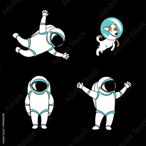 Cute funny cosmonaut astronaut spaceman characters exploring outer space with dog cartoon. Flat line design. Vector illustration. Black background