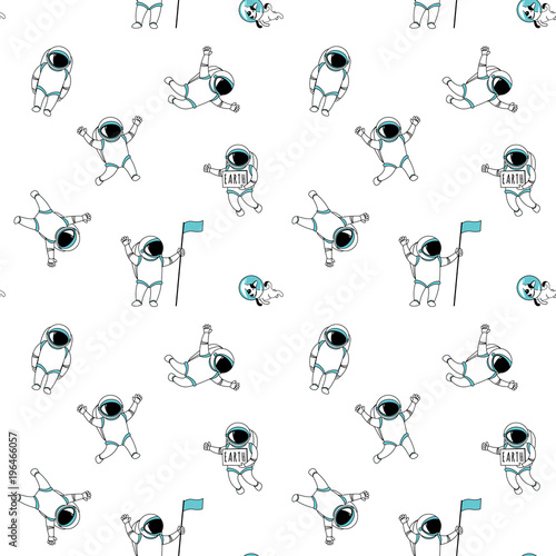 Cute funny cosmonaut astronaut spaceman characters exploring outer space with dog seamless abstract background cartoon pattern for wallpaper, textile, prints. Flat line design. Vector illustration.