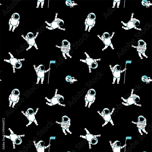 Cute funny cosmonaut astronaut spaceman characters exploring outer space with dog seamless abstract background cartoon pattern for wallpaper, textile, prints. Flat line design. Vector illustration.