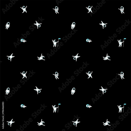 Cute funny cosmonaut astronaut spaceman characters exploring outer space with dog seamless abstract background cartoon pattern for wallpaper, textile, prints. Flat line design. Vector illustration.