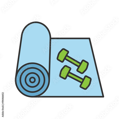 Training mat with dumbbells color icon