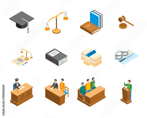 Law Court 3d Icons Set Isometric View. Vector